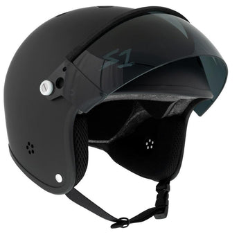 Black e-bike helmet with a tinted visor for safety and style.