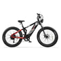 Red and black electric mountain bike with wide tires and disc brakes, perfect for rugged terrains.