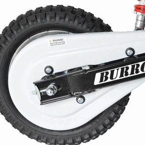 Rear wheel and disc brake of BurroMax TT250 Electric Mini Bike with heavy-duty steel frame.