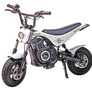 BurroMax TT1000R Electric Mini Bike in white, featuring robust frame, powerful 1000W motor, LED headlight, sturdy wheels, and disc brakes