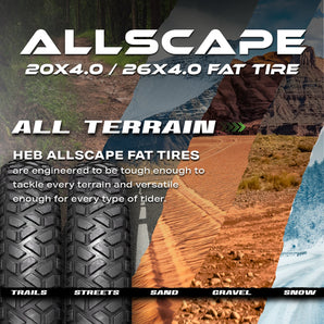 HEB ALLSCAPE® Fat Tire SET of 2 Tires and 2 Tubes  available in 2 Sizes. 20" x 4" and 26" x 4"