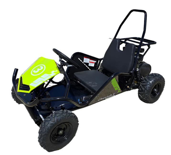 TrailMaster Cheetah i3 Kids Electric Go Kart, black frame with green accents, featuring 3-speed settings and reverse, for ages 4-9.