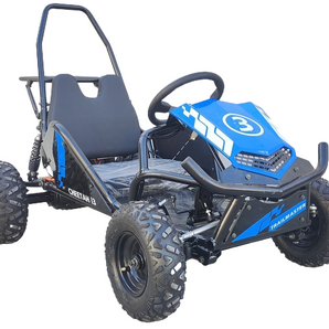 TrailMaster Cheetah i3 Kids Electric Go Kart with 3-speed settings and reverse, blue design, suitable for ages 4-9.