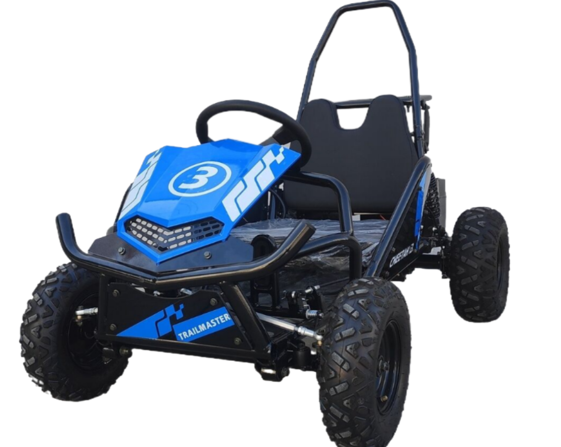 TrailMaster Cheetah i3 Kids Electric Mini Go Kart in blue with 3-speed settings and reverse for ages 4-9, featuring a 500W motor.