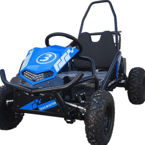 TrailMaster Cheetah i3 Kids Electric Mini Go Kart in blue with 3-speed settings and reverse for ages 4-9, featuring a 500W motor.