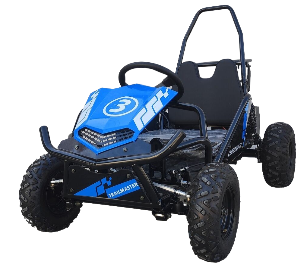 TrailMaster Cheetah i3 Kids Electric Go Kart, blue color, with 3-speed settings and reverse for ages 4-9, powerful and sleek design.