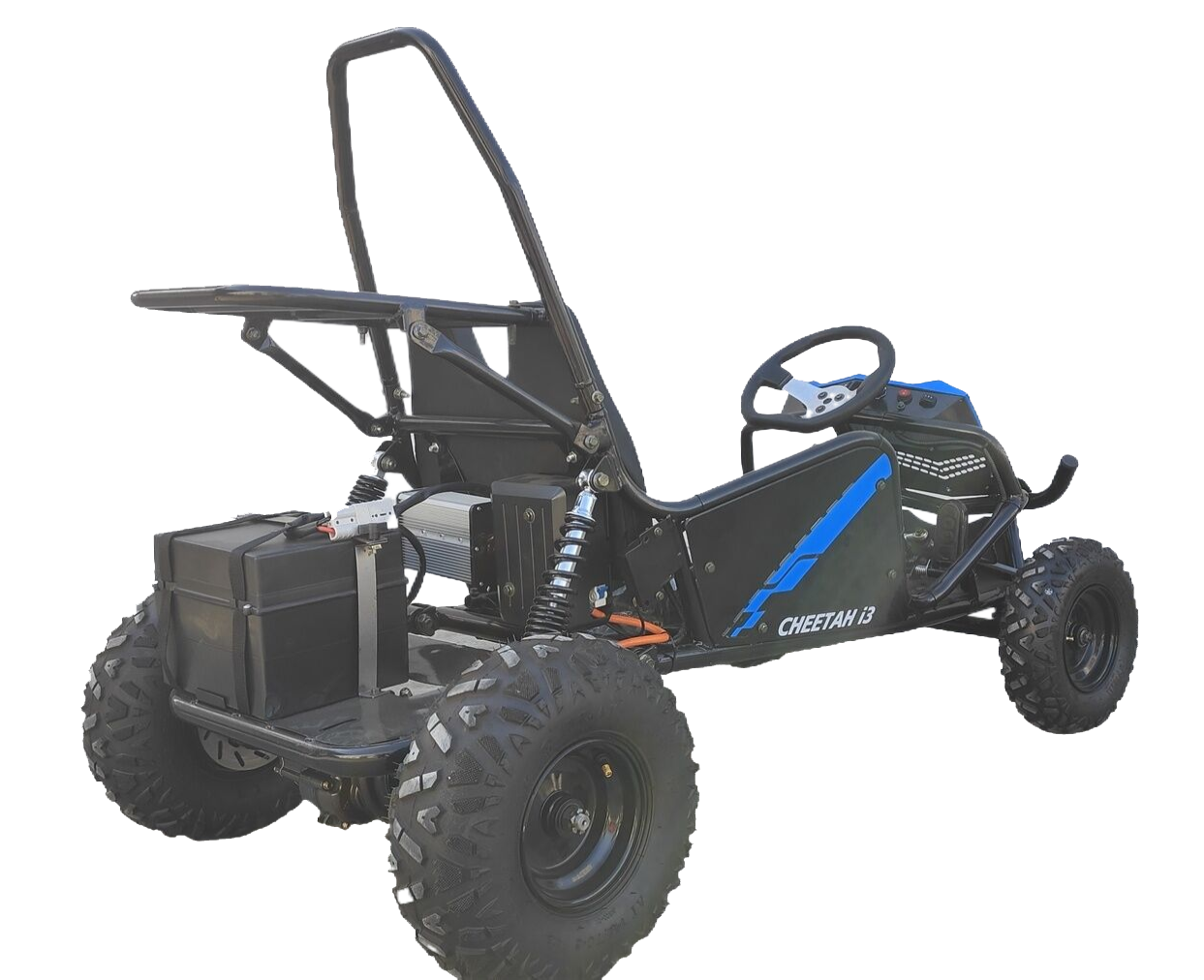 TrailMaster Cheetah i3 Kids Electric Go Kart with 3-speed settings and reverse, suitable for ages 4-9, shown from rear view.
