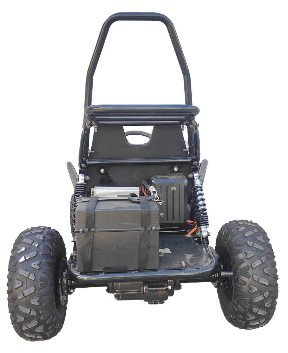 Rear view of TrailMaster Cheetah i3 Kids Electric Mini Go Kart with rugged tires and 500W motor, designed for kids ages 4-9.