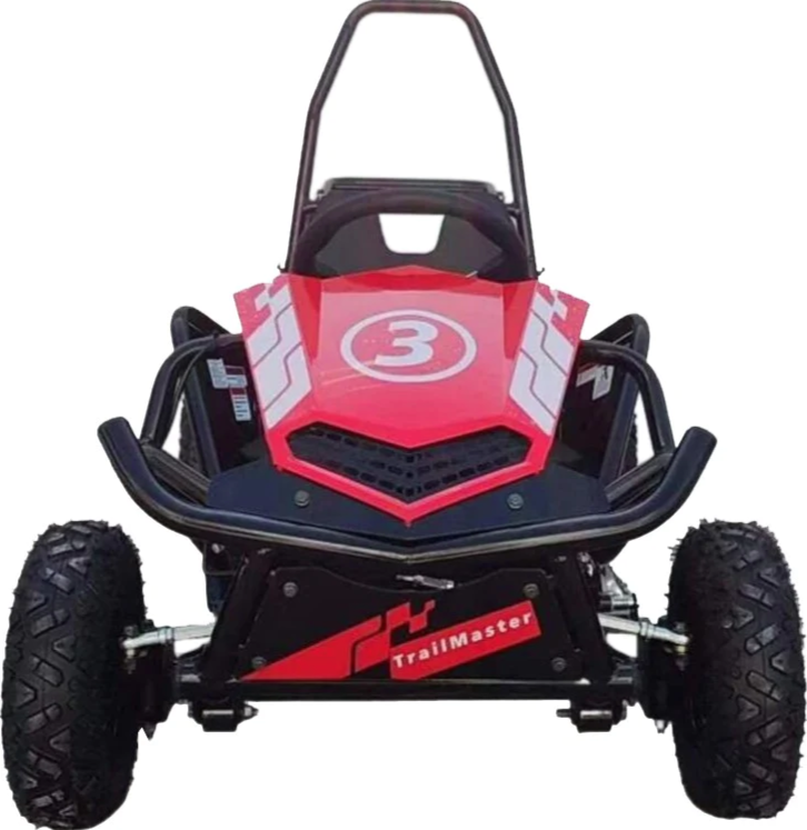 TrailMaster Cheetah i3 Kids Electric Mini Go Kart with 3-speed settings and reverse, for ages 4-9, front view.