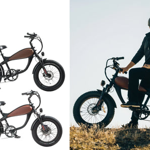 Cheetah Mini Cafe' Racer Ebike featuring a powerful motor and stylish design, showcased in various angles and user riding.