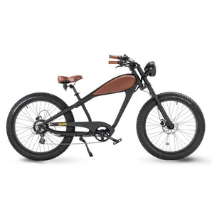 Cheetah Plus Cafe Racer Ebike with BAFANG motor, brown seat, and fat tires, designed for high speed and long range.