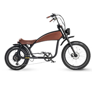 Prowler Vintage Cafe' Racer Ebike with brown seat and sleek design, featuring a powerful BAFANG motor and fat tires.