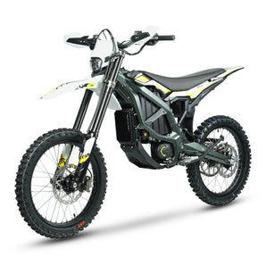 Surron Ultra Bee electric dirt bike featuring 74V 55AH lithium battery, 12.5KW motor, and built-in charger storage for off-road adventures.