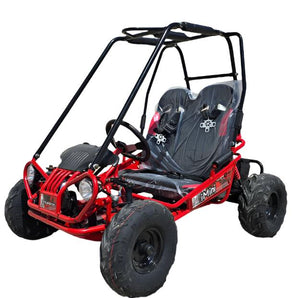 TrailMaster iMini Kids Electric Go Kart, 48v with LED lights, dual seats, and roll cage for ages 4-9, shown in vibrant red color.