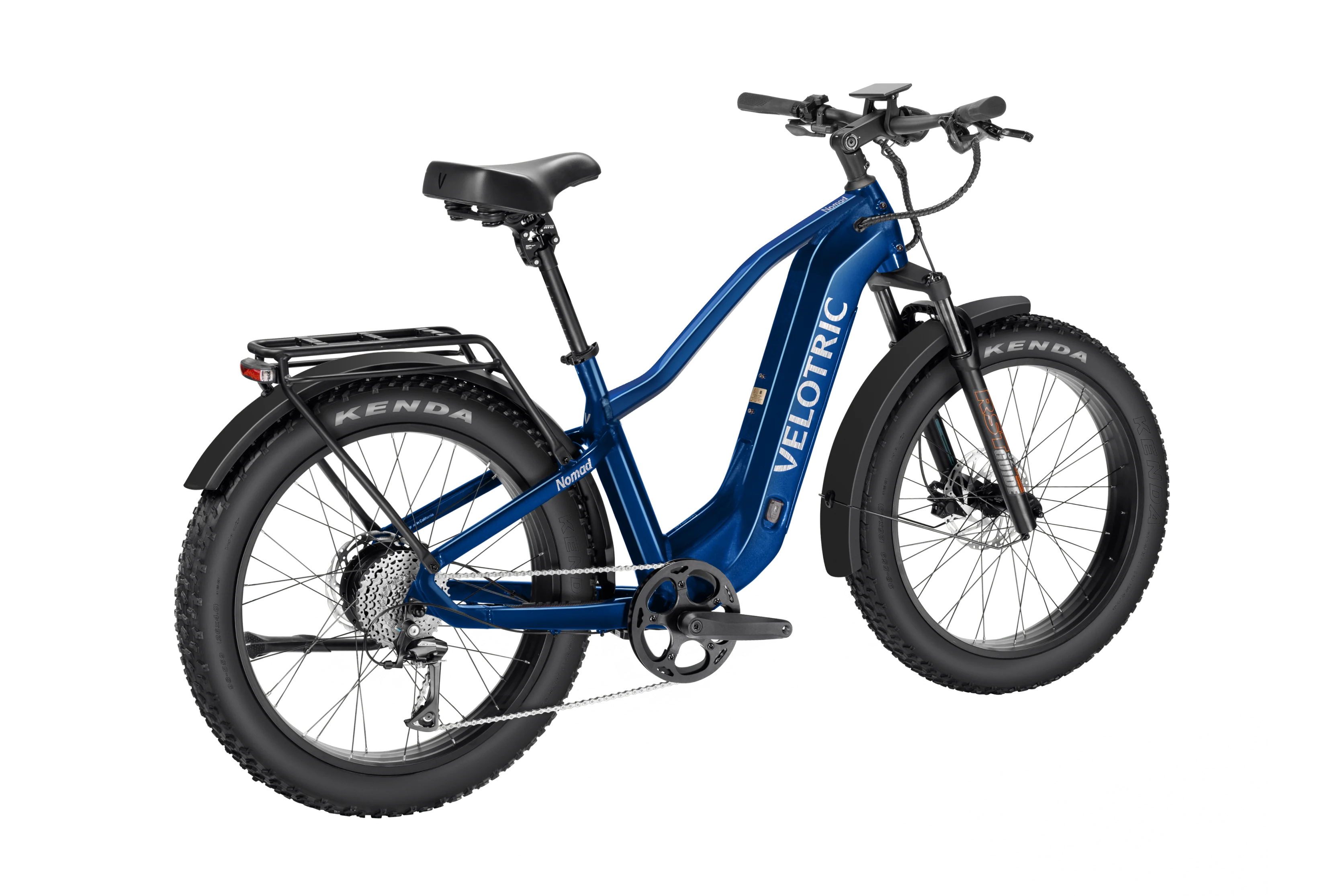 The Velotric Nomad 2 High-Step in blue, featuring a 750W motor and a 65 Mile range.