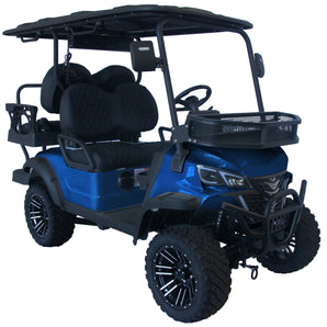 Blue TrailMaster TBM X4 electric golf cart with 5kW lithium battery, foldable windshield, and LED headlights on 22” aluminum rims.