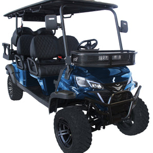 TrailMaster TBM X6 electric golf cart with 6 seats, 5kW lithium battery, foldable windshield, and aluminum rims.
