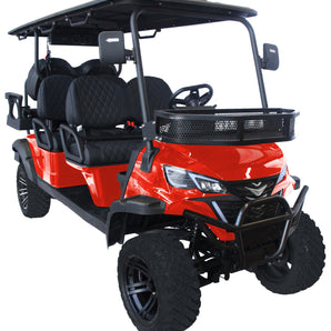 TrailMaster TBM X6 6-seater electric golf cart with 5kW lithium battery, red body, foldable windshield, and LED headlights