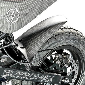 Rear tire and hydraulic disc brakes of the BurroMax TT1600R Electric Mini Bike with Thunderbolt decal.