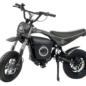 BurroMax TT1600R Electric Mini Bike with extra-padded seat and LED Halo headlight, designed for comfort, performance, and loads up to 350 lbs.