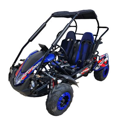 TrailMaster Blazer i200R electric go-kart with 48V lithium battery, featuring two seats, canopy, and off-road tires.