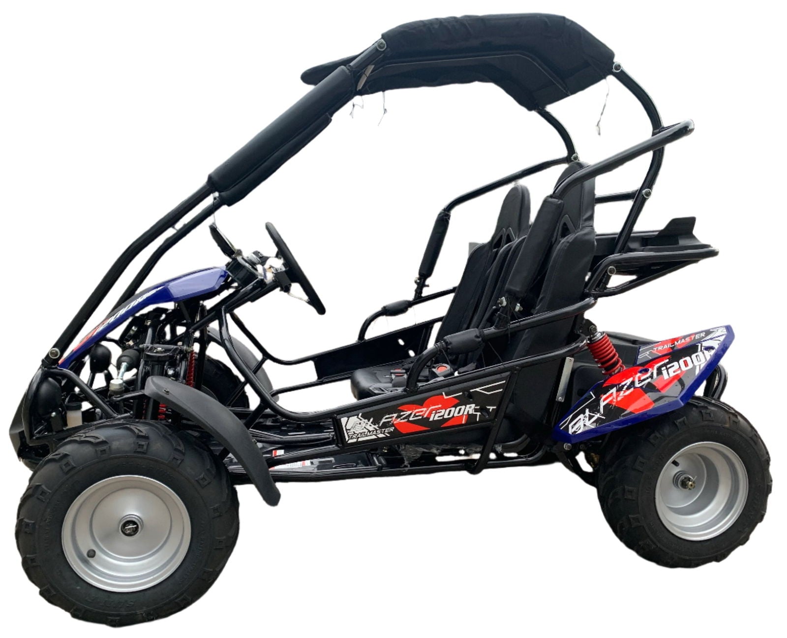 TrailMaster Blazer i200R Electric Go Kart with 48V Lithium battery, LED monitor, canopy, and safety harness for kids ages 7-12.