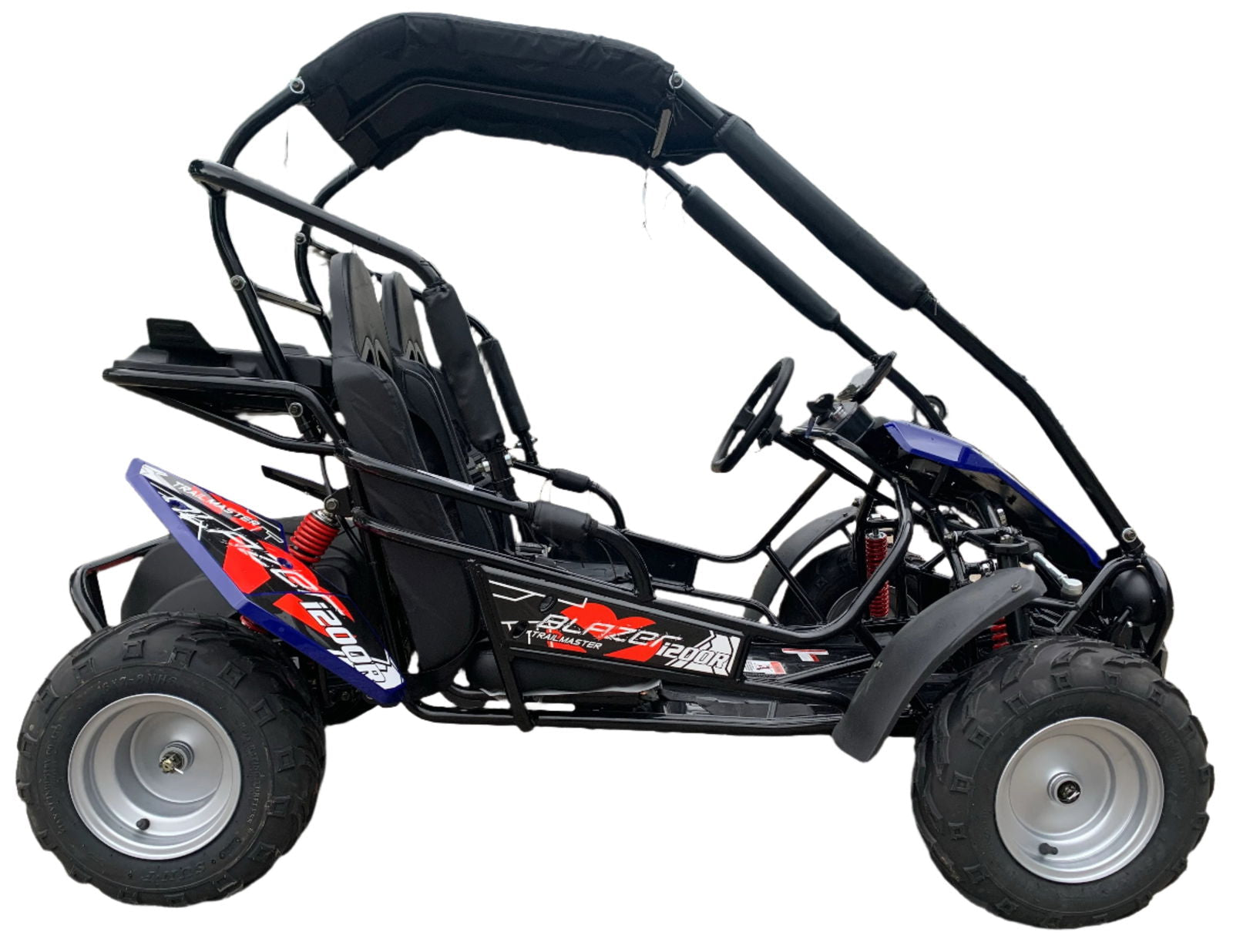 TrailMaster Blazer i200R Electric Go Kart with canopy, side view, 48V lithium battery, mid-sized kids kart, safety features visible