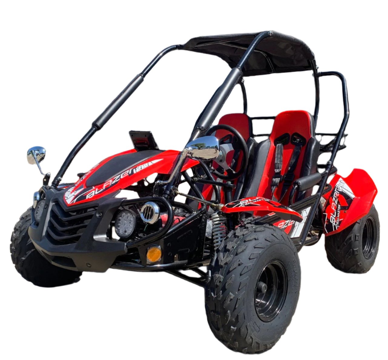 TrailMaster Blazer i2K Electric Go Kart with 60V Lithium-ion battery, featuring 5-point safety harness and LED headlights.