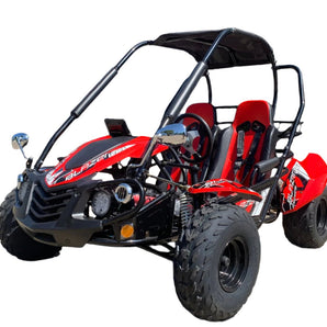 TrailMaster Blazer i2K Electric Go Kart with 60V Lithium-ion battery, featuring 5-point safety harness and LED headlights.