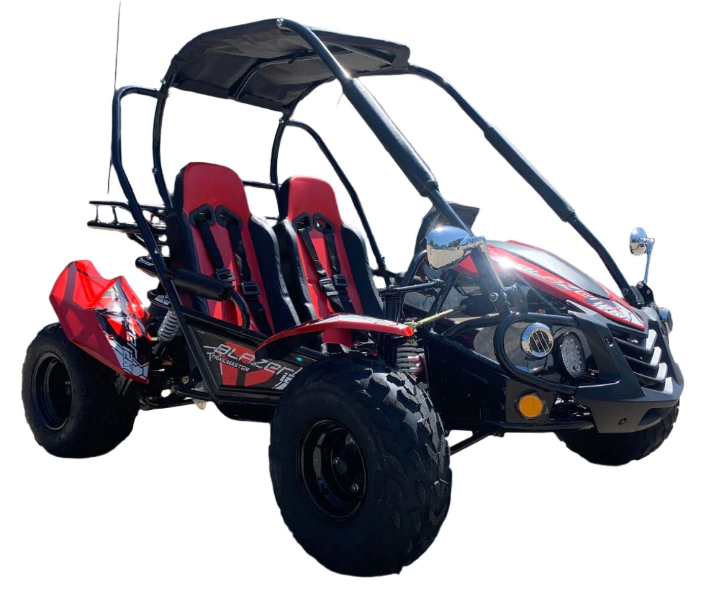 TrailMaster Blazer i2K Electric Go Kart with 5-point safety harness, 60V Lithium-ion battery, LED headlights, and hydraulic disc brake.