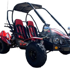 TrailMaster Blazer i2K Electric Go Kart with 5-point safety harness, 60V Lithium-ion battery, LED headlights, and hydraulic disc brake.