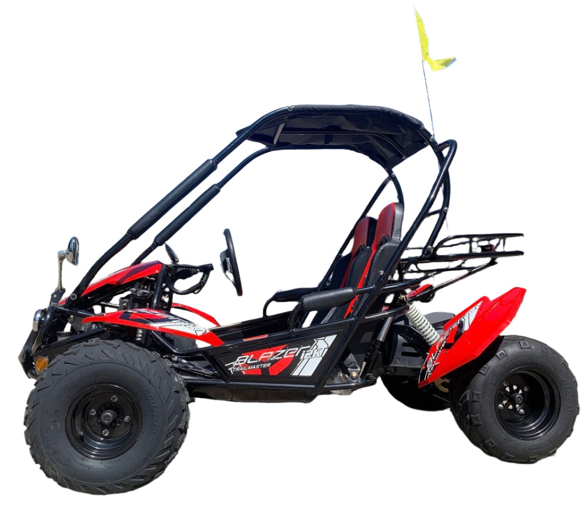 TrailMaster Blazer i2K Electric Go Kart in red with lithium battery, LED headlight, hydraulic disc brake, and 5-point safety harness.