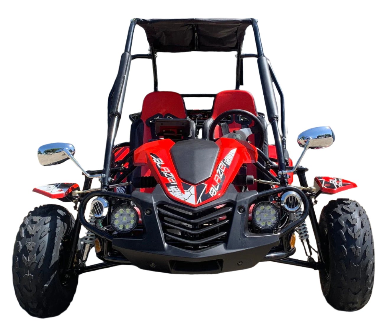 TrailMaster Blazer i2K Electric Go Kart with red seats, LED headlights, and 5-point safety harness