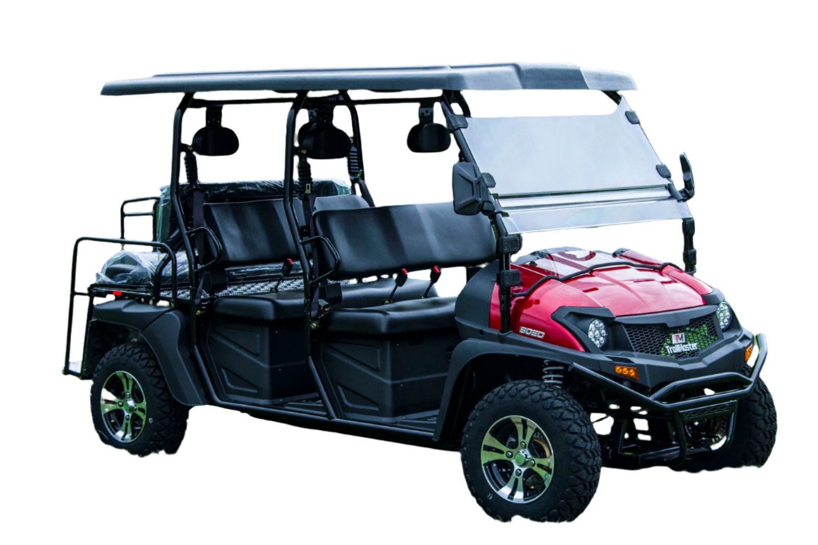 TrailMaster Taurus 80ED-GV 6-seat electric golf cart with extended roof, featuring front-facing and convertible rear cargo seating.