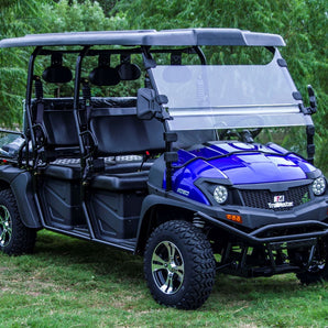 TrailMaster Taurus 80ED-GV electric golf cart with extended roof and 6 seats, shown in blue on grassy terrain, ideal for beach outings.