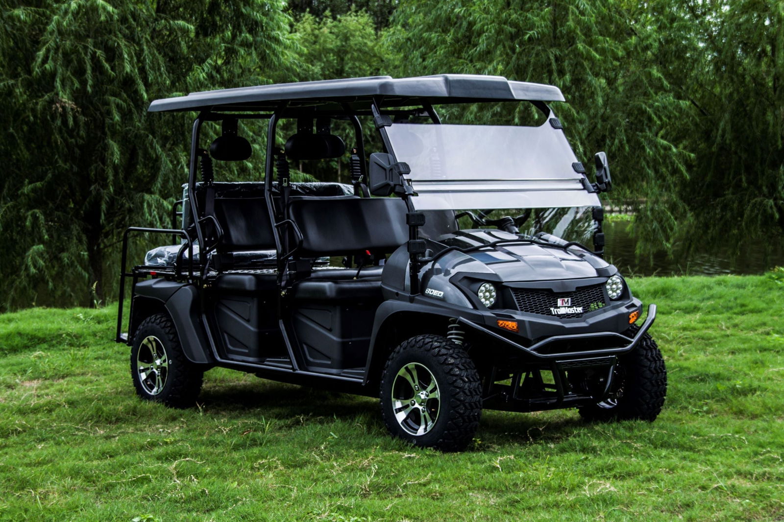 TrailMaster Taurus 80ED-GV 6-seat electric golf cart with an extended roof, shown on grass with a sleek black design.