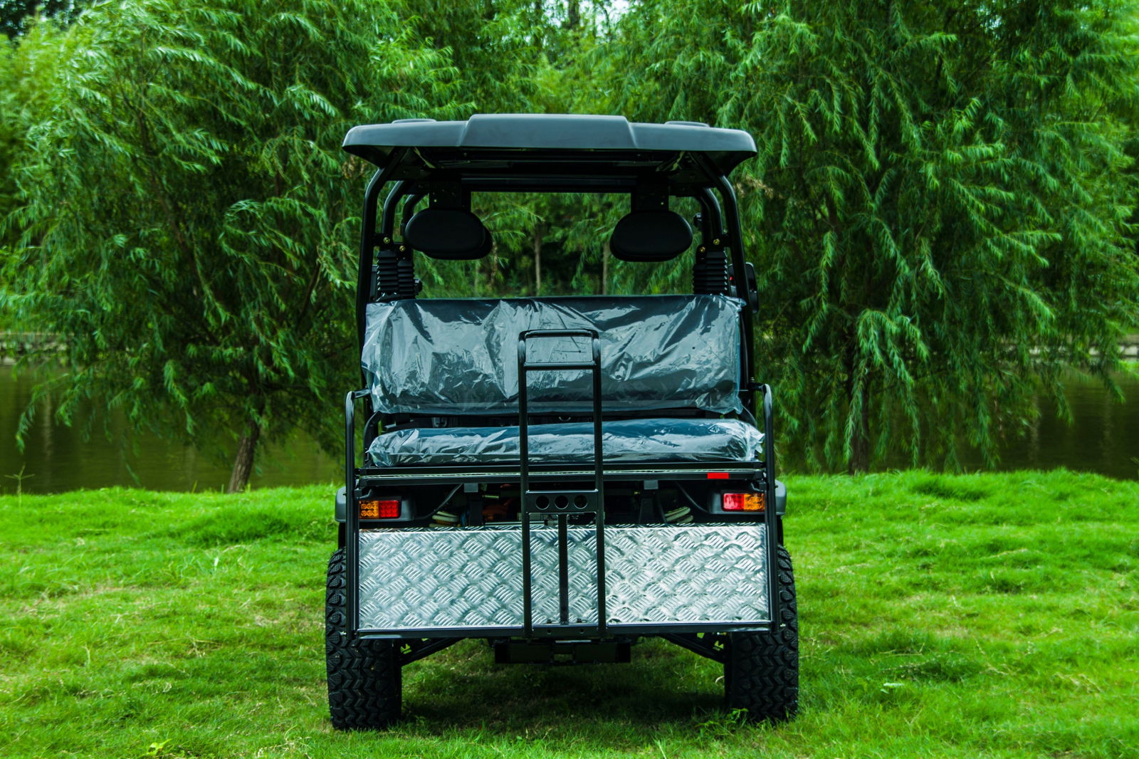 Rear view of TrailMaster Taurus 80ED-GV 6-Seat Electric Golf Cart with extended roof, parked on grass.