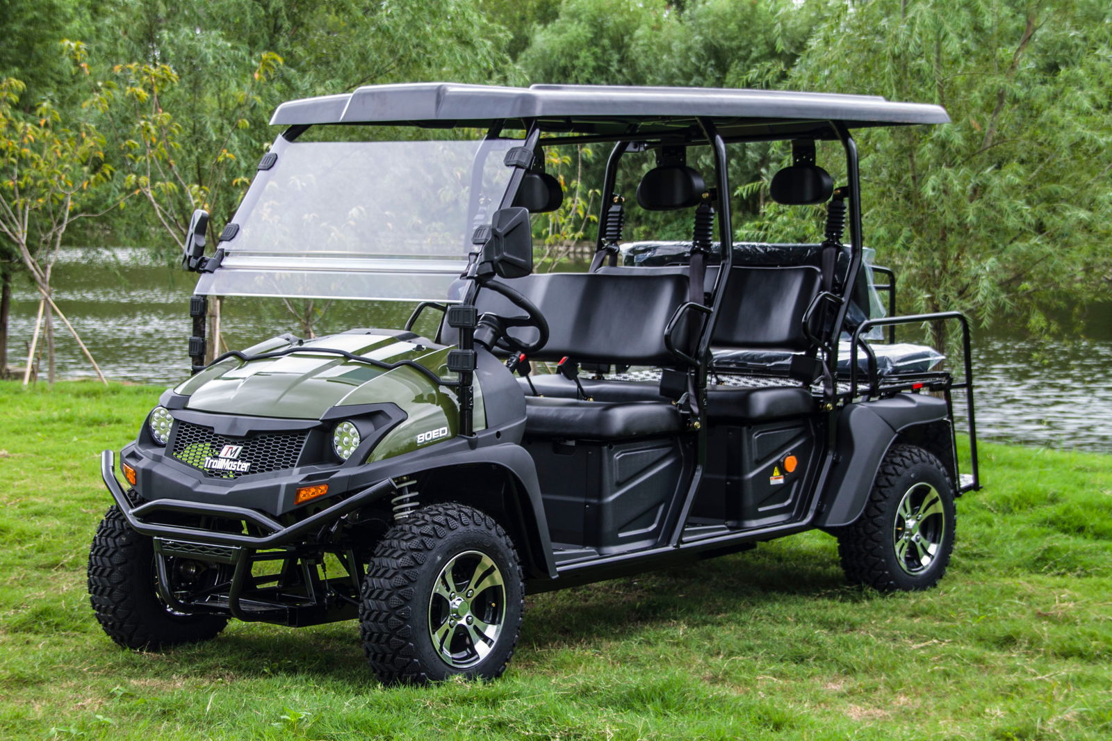 TrailMaster Taurus 80ED-GV 6-seat electric golf cart with an extended roof on grass, showing front and side views