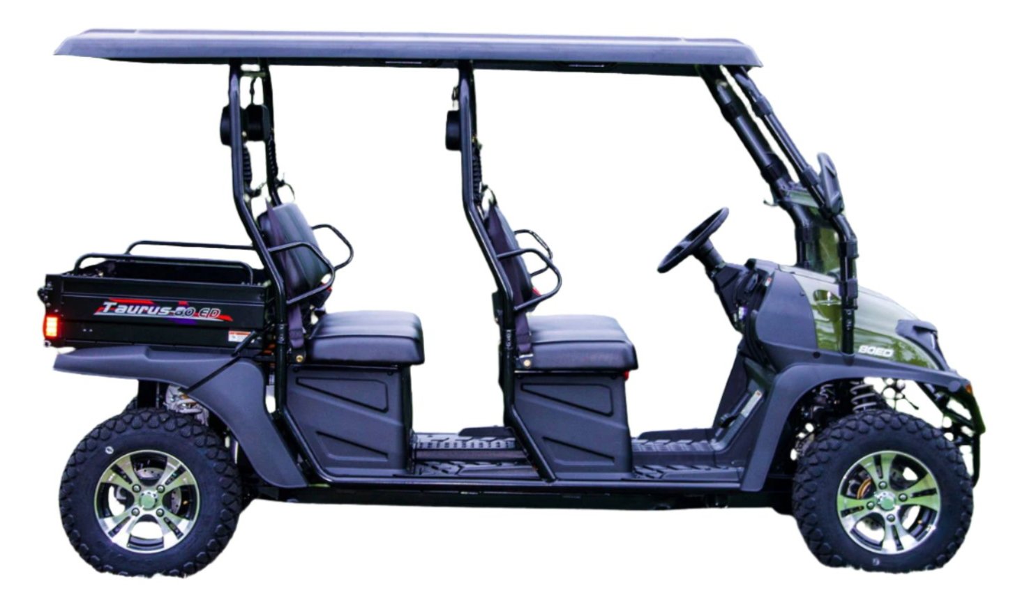 TrailMaster Taurus 80ED-U 4-Seat Electric Golf Cart with aluminum wheels and dump bed, shown in side view with off-road tires.