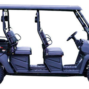 TrailMaster Taurus 80ED-U 4-Seat Electric Golf Cart with aluminum wheels and dump bed, shown in side view with off-road tires.