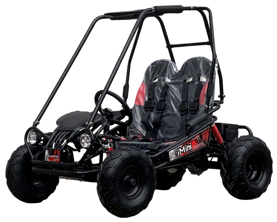 TrailMaster iMini Kids Electric Go Kart with 48V battery, LED headlights, and safety harness, suitable for ages 4-9.