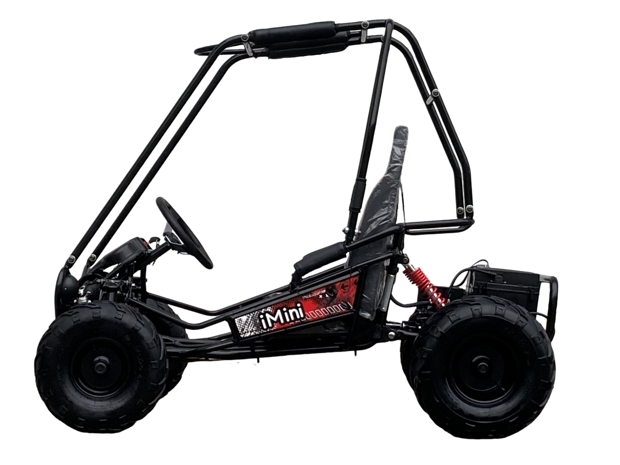 TrailMaster iMini Kids Electric Go Kart, black frame, 48V battery, shown in side profile, features safety harness and digital monitor.