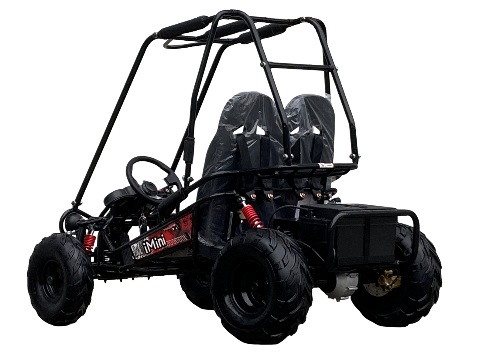 TrailMaster iMini Kids Electric Go Kart with 48V battery, safety harness, black frame, suitable for ages 4-9.