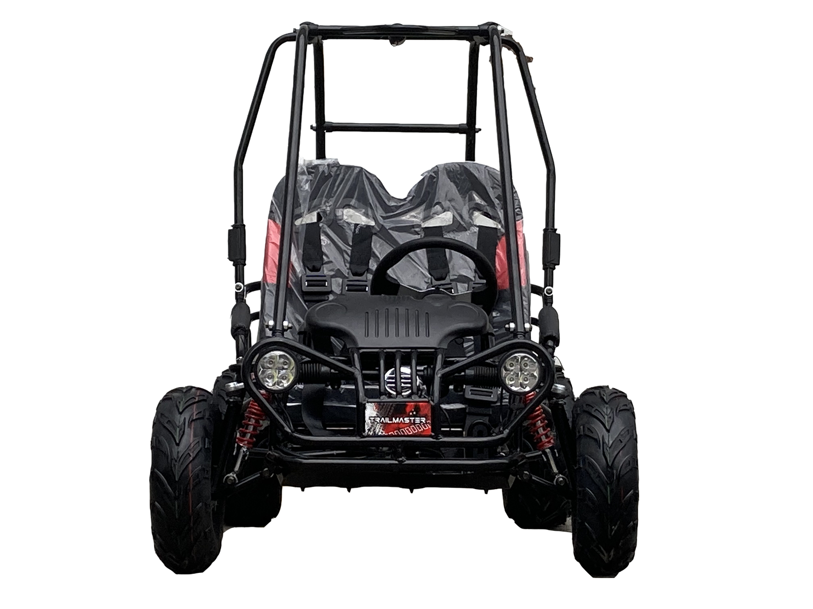 Front view of TrailMaster iMini Kids Electric Go Kart with rugged tires, LED headlights, and a sturdy frame for children ages 4-9.