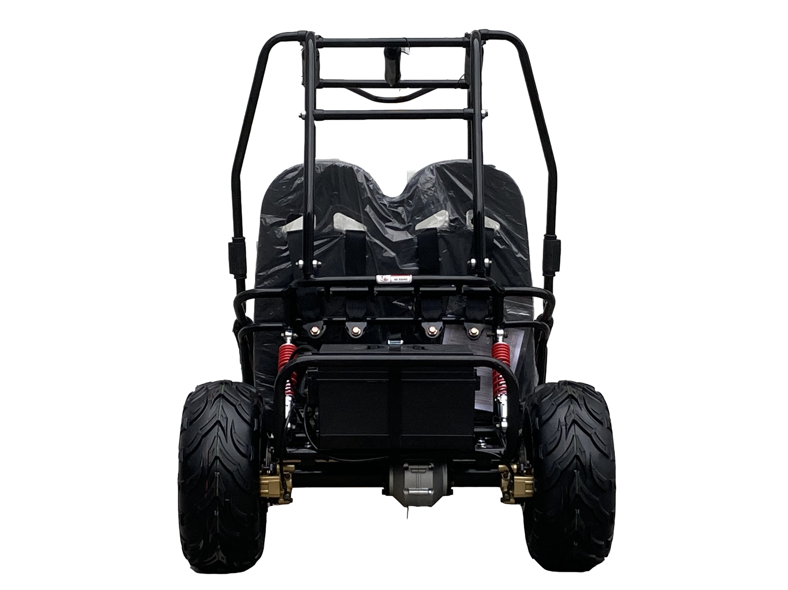 Rear view of TrailMaster iMini Kids Electric Go Kart with 48V battery, LED headlights, and 5-point safety harness for ages 4-9.