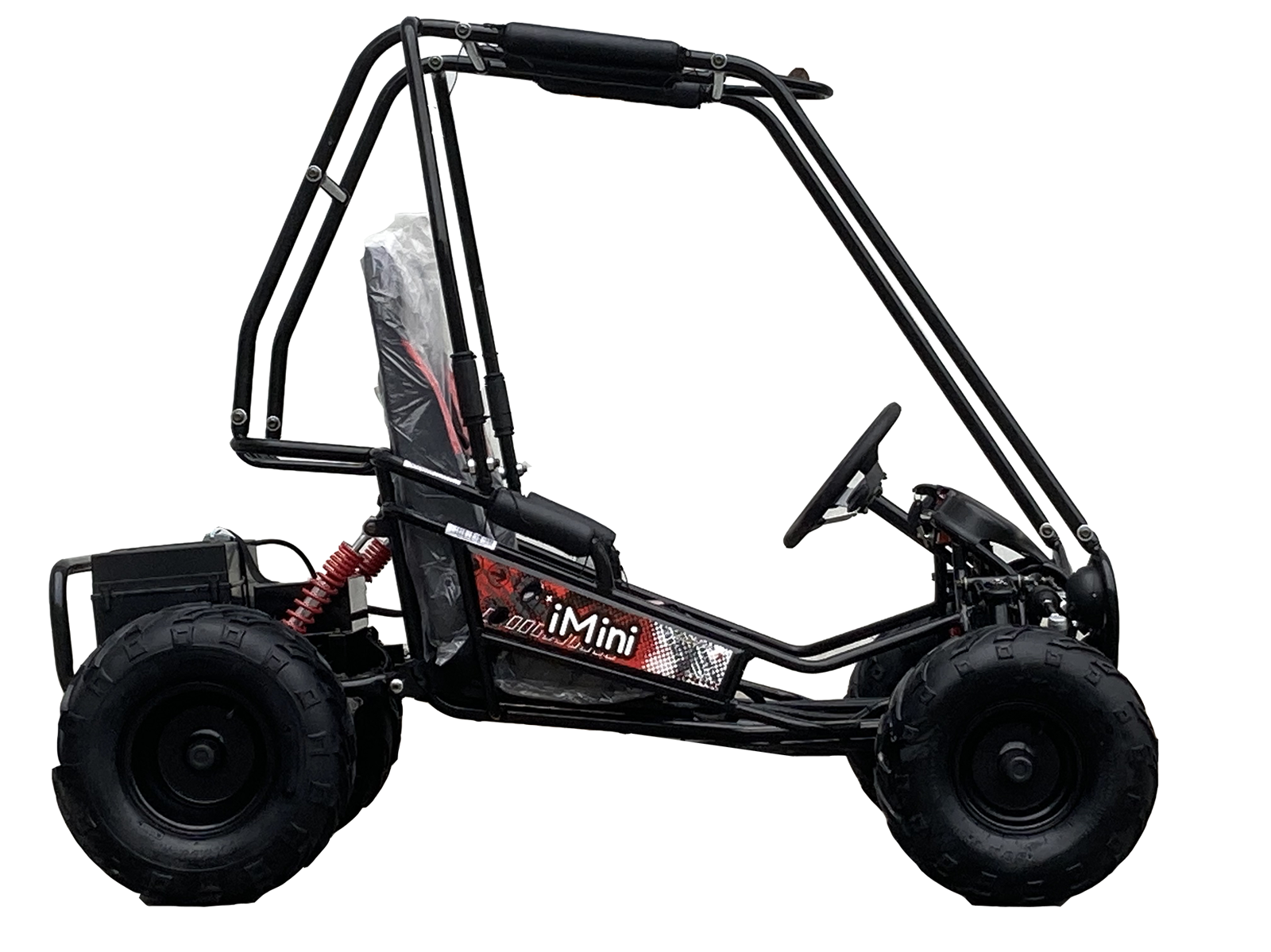 TrailMaster iMini electric go-kart for kids, featuring 48V battery, LED headlights, 5-point harness, suitable for ages 4-9.