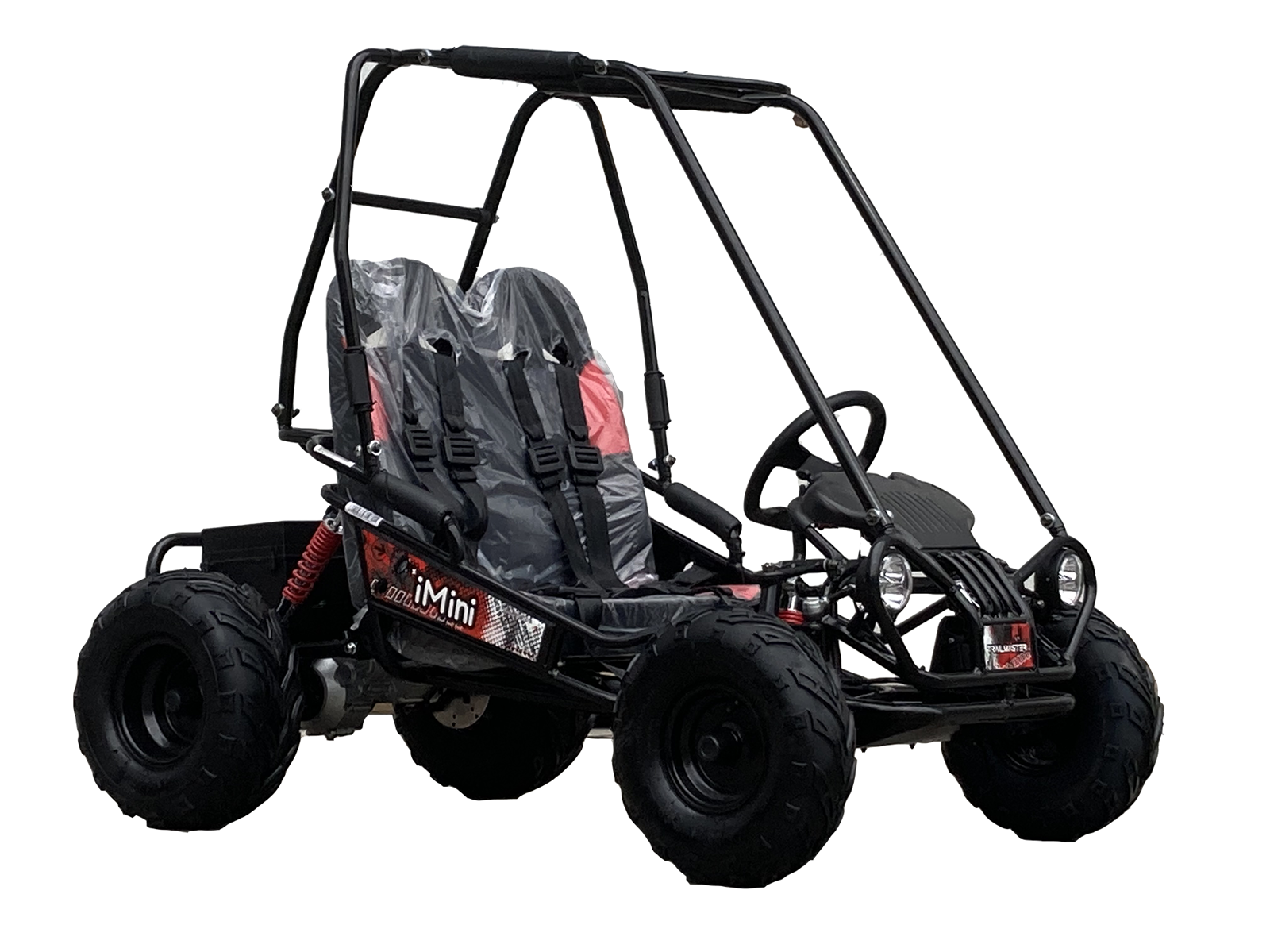 TrailMaster iMini kids electric go-kart with roll cage, LED headlights, and dual seats, designed for ages 4-9, 48V battery included.