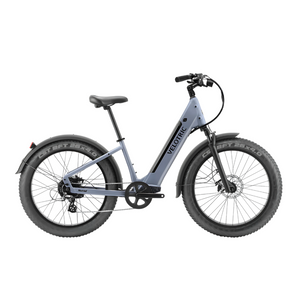 The Velotric Nomad 1 Step Thru in grey, featuring a 750W motor and puncture-resistant 4” fat tires.